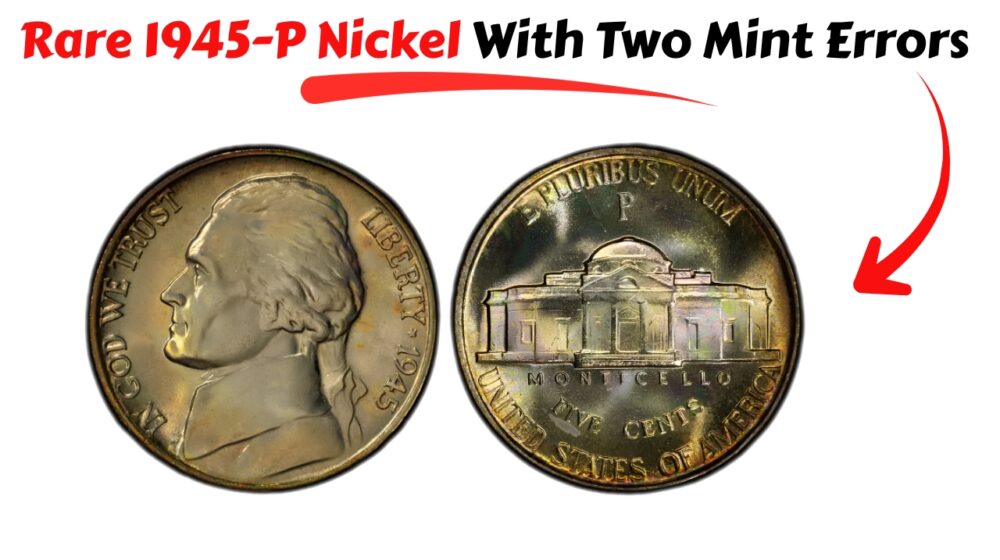Rare 1945-P Nickel With Two Mint Errors: Doubled Die and Curved Clip